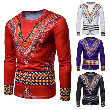 Men's Personality Ethnic 3D Printing Round Neck Long Sleeve T-Shirt