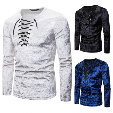 New Men's Diamond Velvet European Size Loose Shoelace Long Sleeve T-Shirt