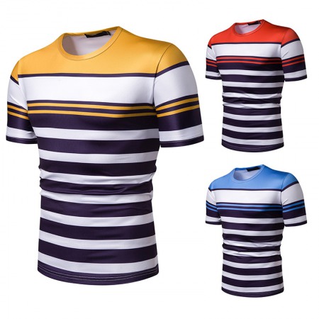 New Summer Men's Short-Sleeved T-Shirt Mens Contrast Striped Slim Casual T-Shirt